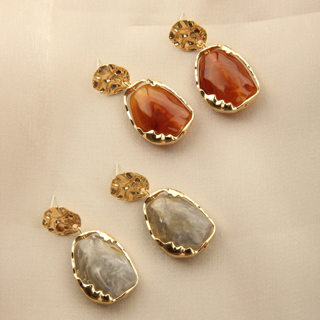 Gold plated Resin Gemston Pendant Earrings - Rosewood - Salty Accessories
