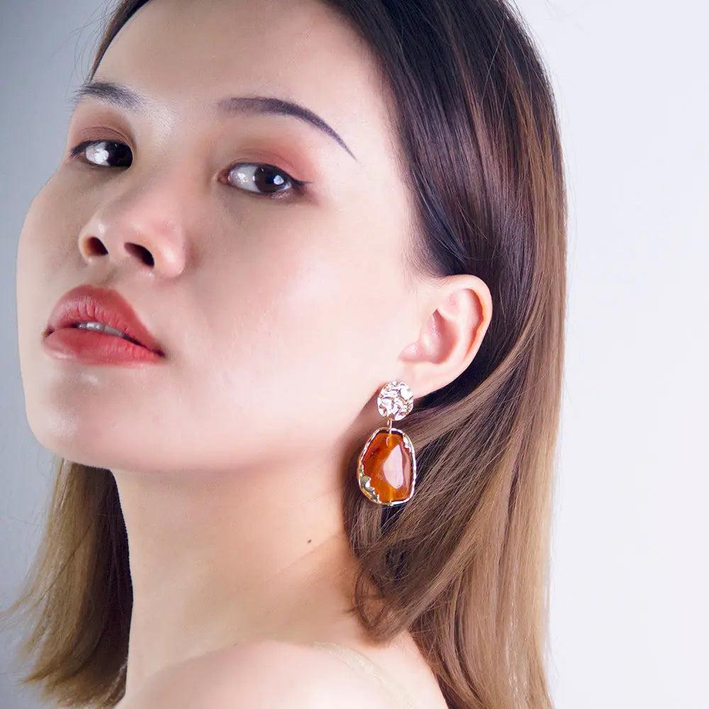 Gold plated Resin Gemston Pendant Earrings - Rosewood - Salty Accessories