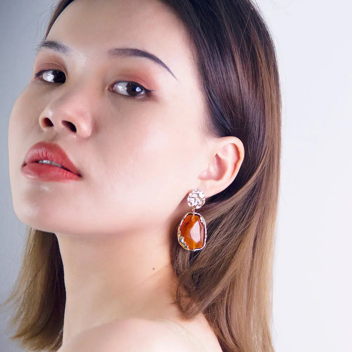 Gold plated Resin Gemston Pendant Earrings - Rosewood - Salty Accessories