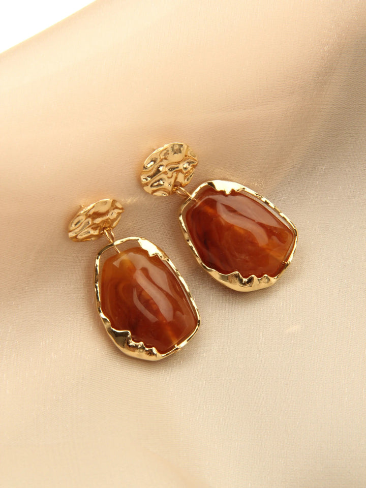 Gold plated Resin Gemston Pendant Earrings - Rosewood - Salty Accessories