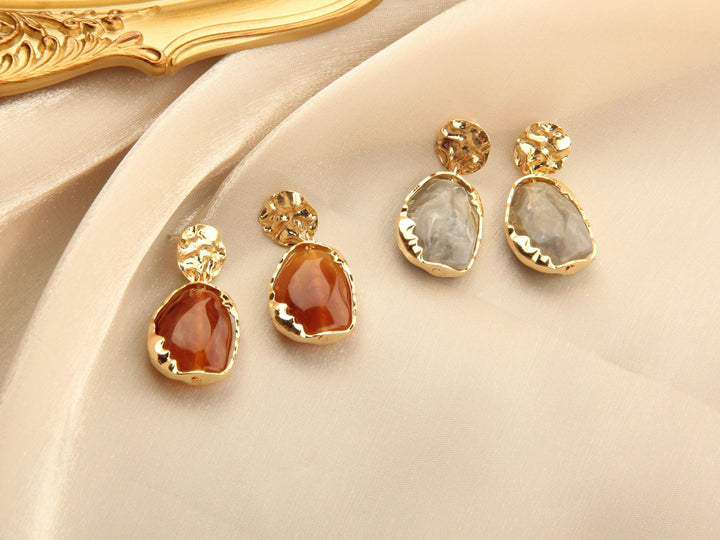 Gold plated Resin Gemston Pendant Earrings - Rosewood - Salty Accessories