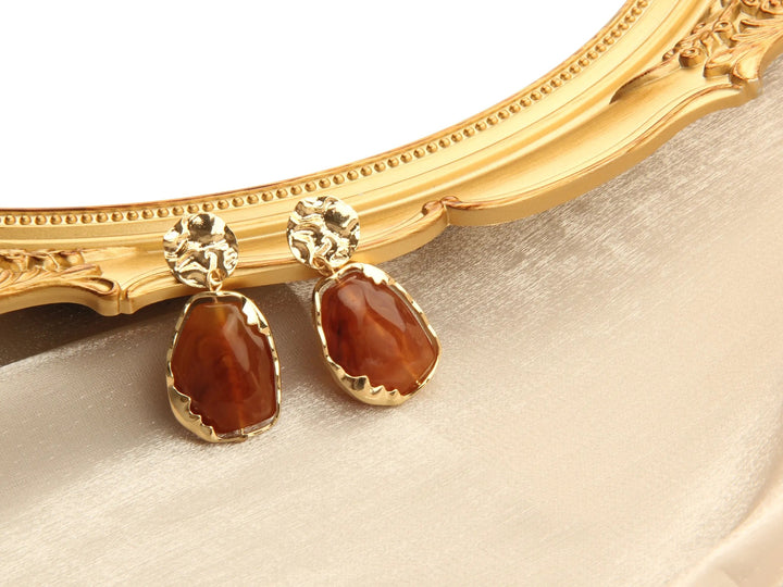 Gold plated Resin Gemston Pendant Earrings - Rosewood - Salty Accessories