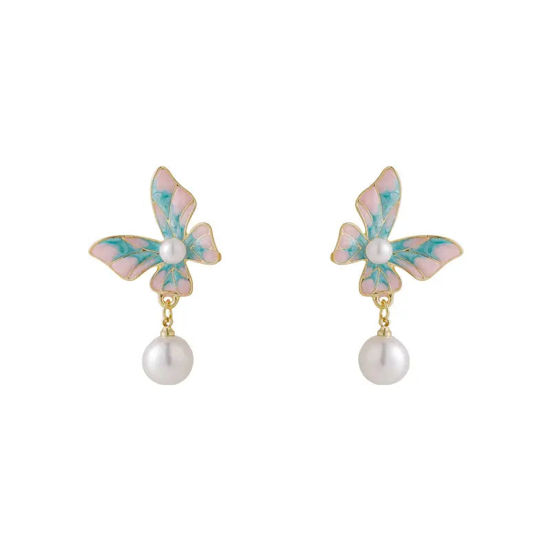 Gradient Blue Butterfly Pearl Drop Earrings
