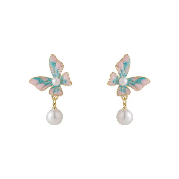 Gradient Blue Butterfly Pearl Drop Earrings