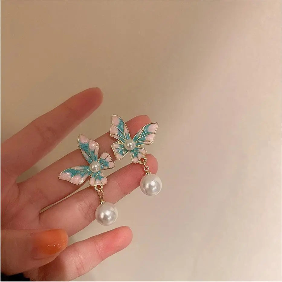 Gradient Blue Butterfly Pearl Drop Earrings