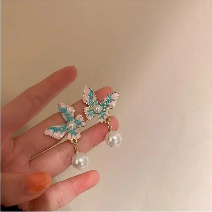 Gradient Blue Butterfly Pearl Drop Earrings