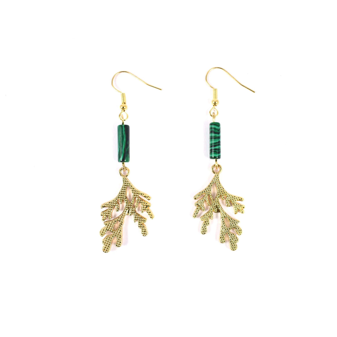 Green Emerald Stone Gold Tree Hanging Drop Earrings - Salty Accessories