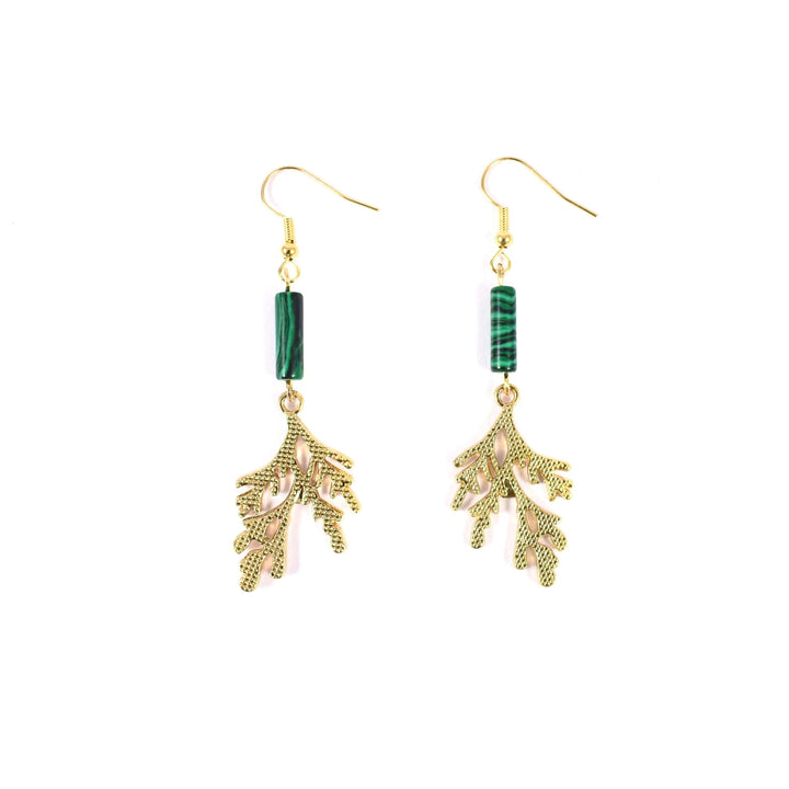 Green Emerald Stone Gold Tree Hanging Drop Earrings - Salty Accessories