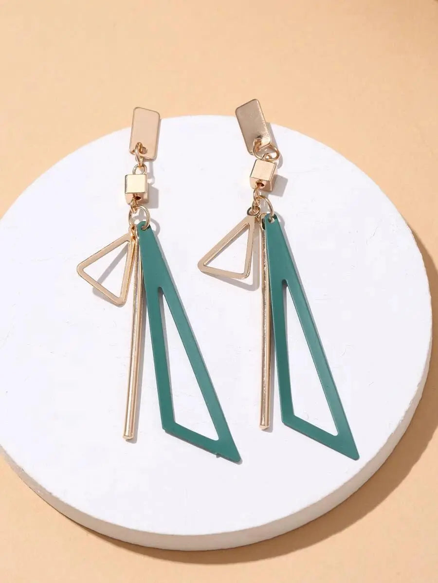 Green Geometric Decor Drop Earrings Gold