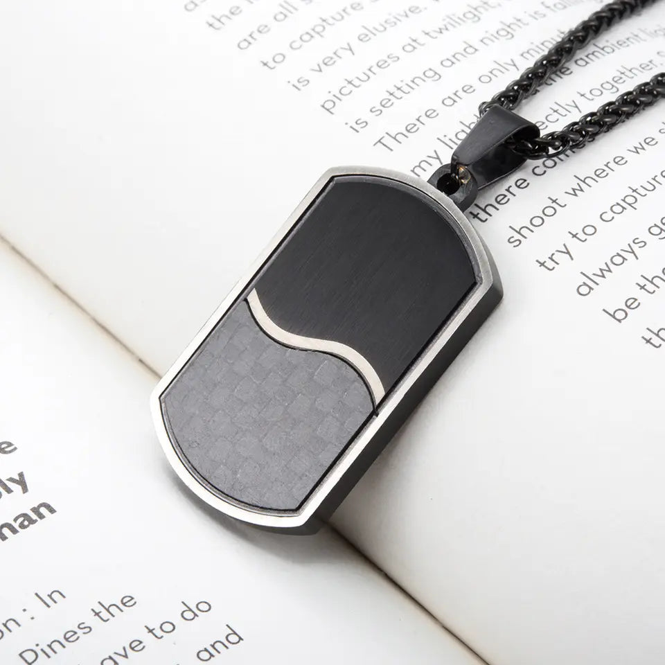 Men's Carbon Fiber Inlay Dog Tag Pendant Necklace