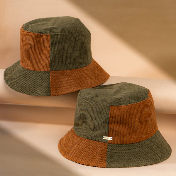 Earthtone Patchwork Corduroy Bucket Hat - Brown-Green