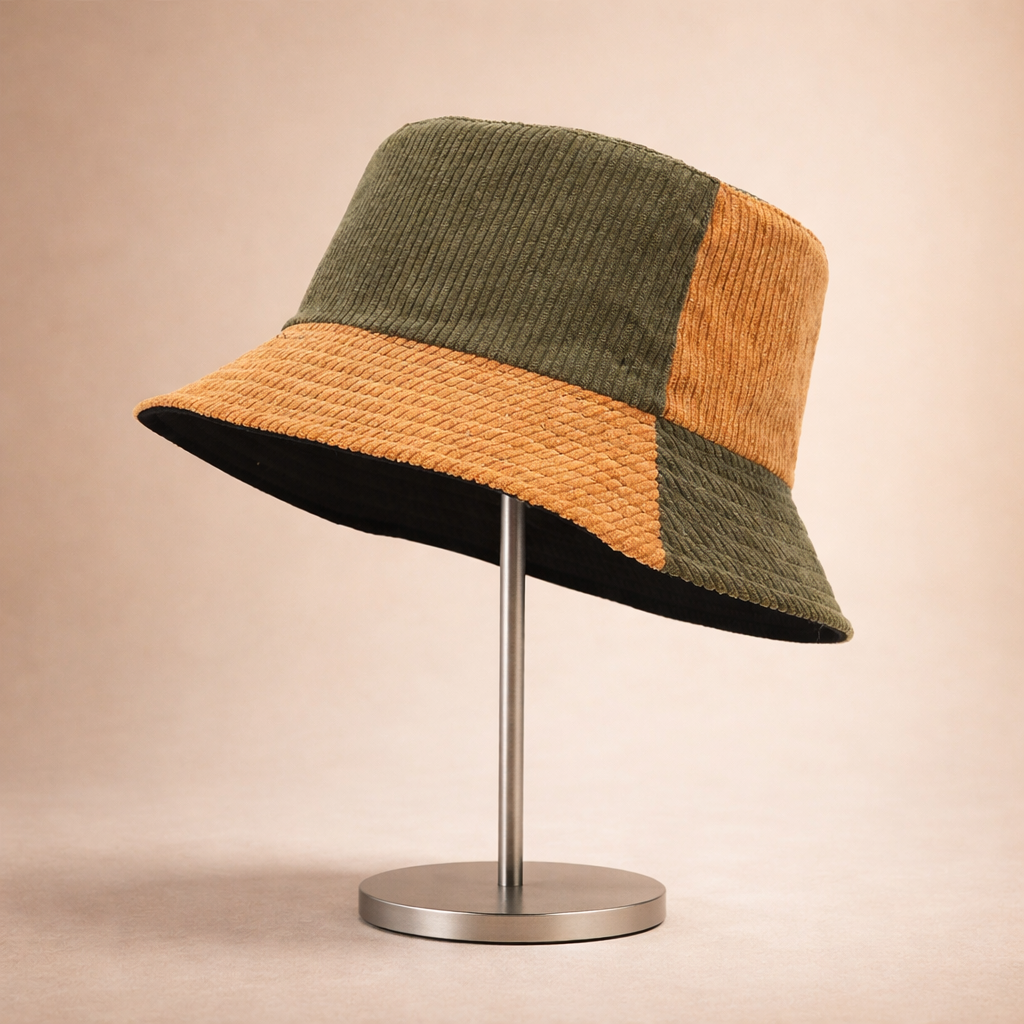 Earthtone Patchwork Corduroy Bucket Hat - Brown-Green