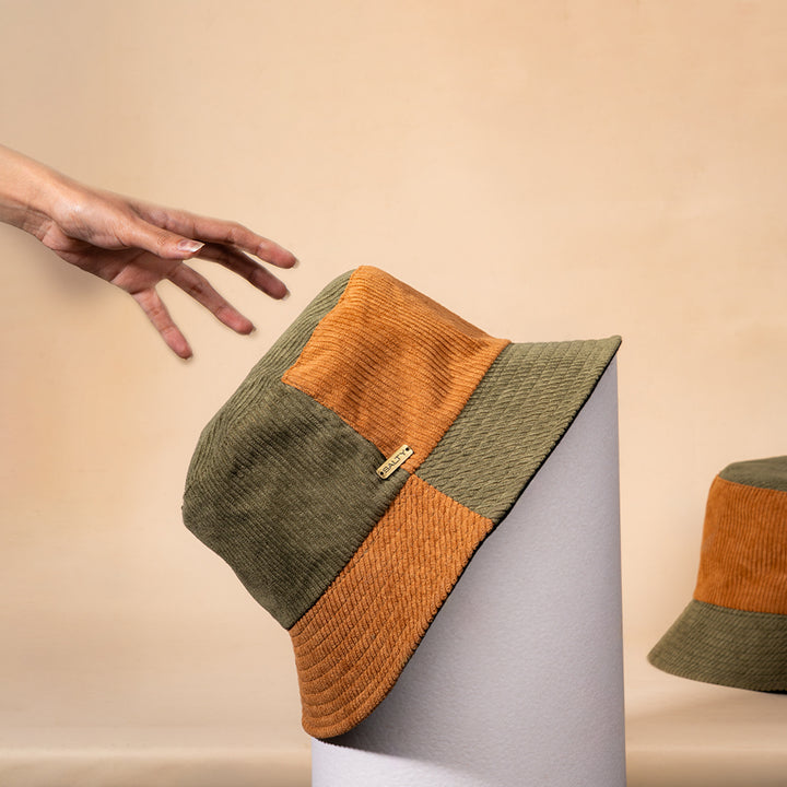Earthtone Patchwork Corduroy Bucket Hat - Brown-Green