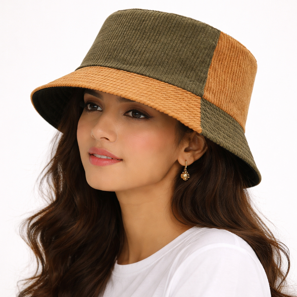 Earthtone Patchwork Corduroy Bucket Hat - Brown-Green