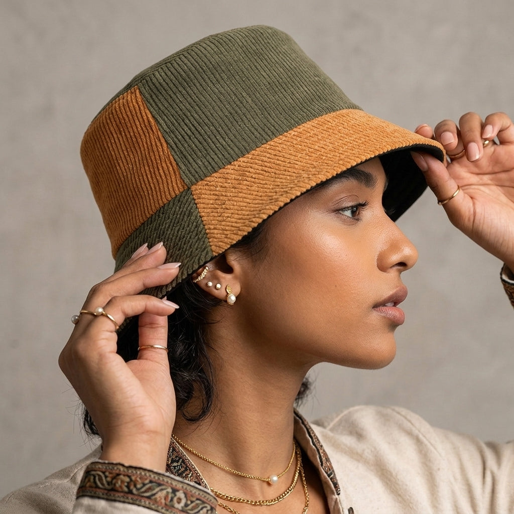 Earthtone Patchwork Corduroy Bucket Hat - Brown-Green