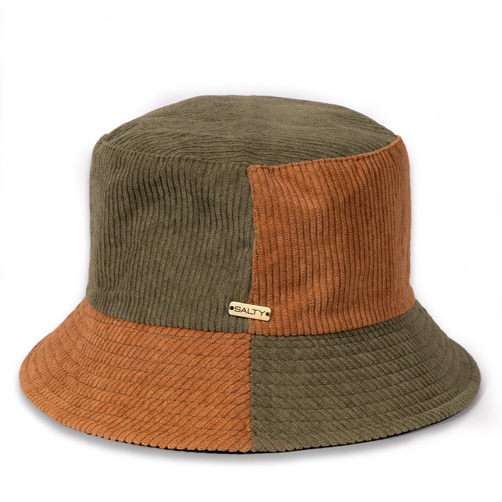 Earthtone Patchwork Corduroy Bucket Hat - Brown-Green
