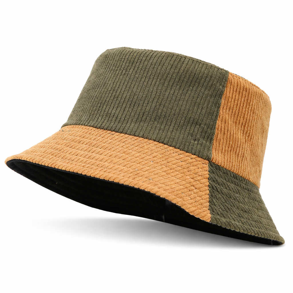 Earthtone Patchwork Corduroy Bucket Hat - Brown-Green