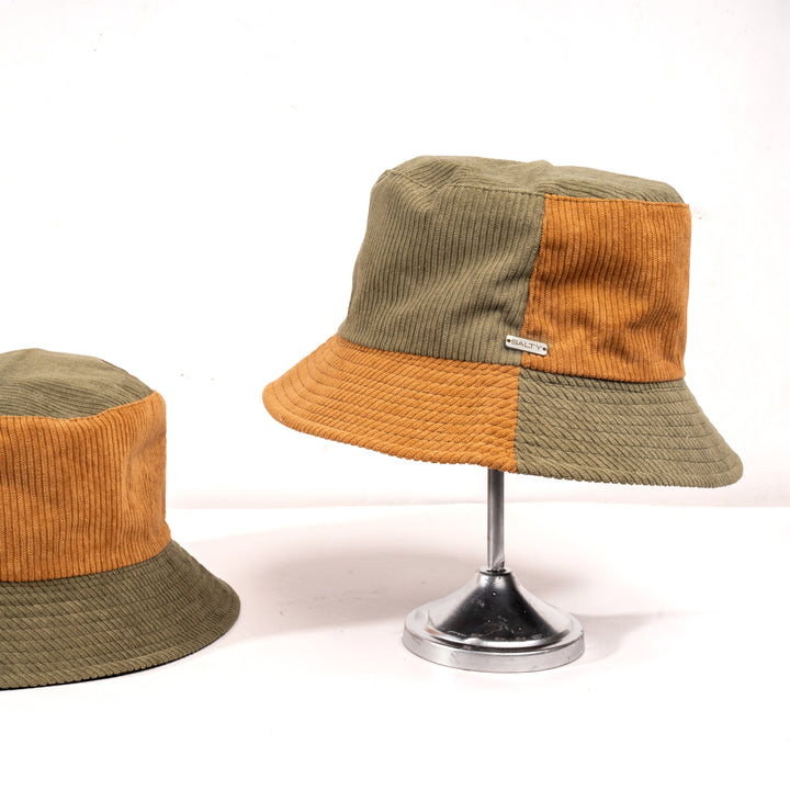 Earthtone Patchwork Corduroy Bucket Hat - Brown-Green