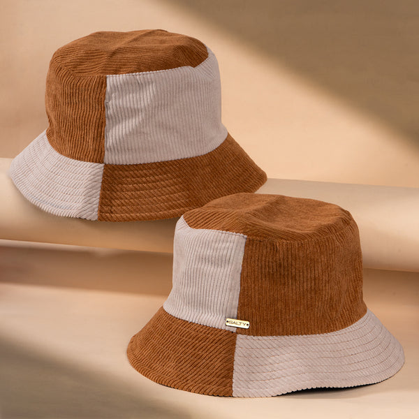 Earthtone Patchwork Corduroy Bucket Hat - Brown - White