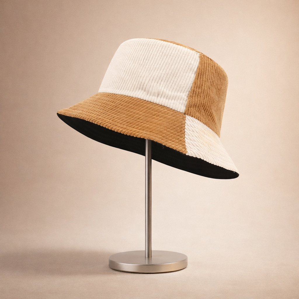 Earthtone Patchwork Corduroy Bucket Hat - Brown - White