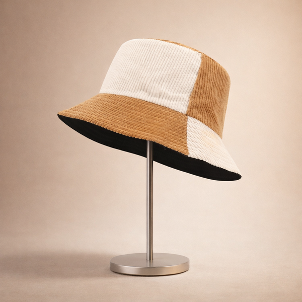 Earthtone Patchwork Corduroy Bucket Hat - Brown - White
