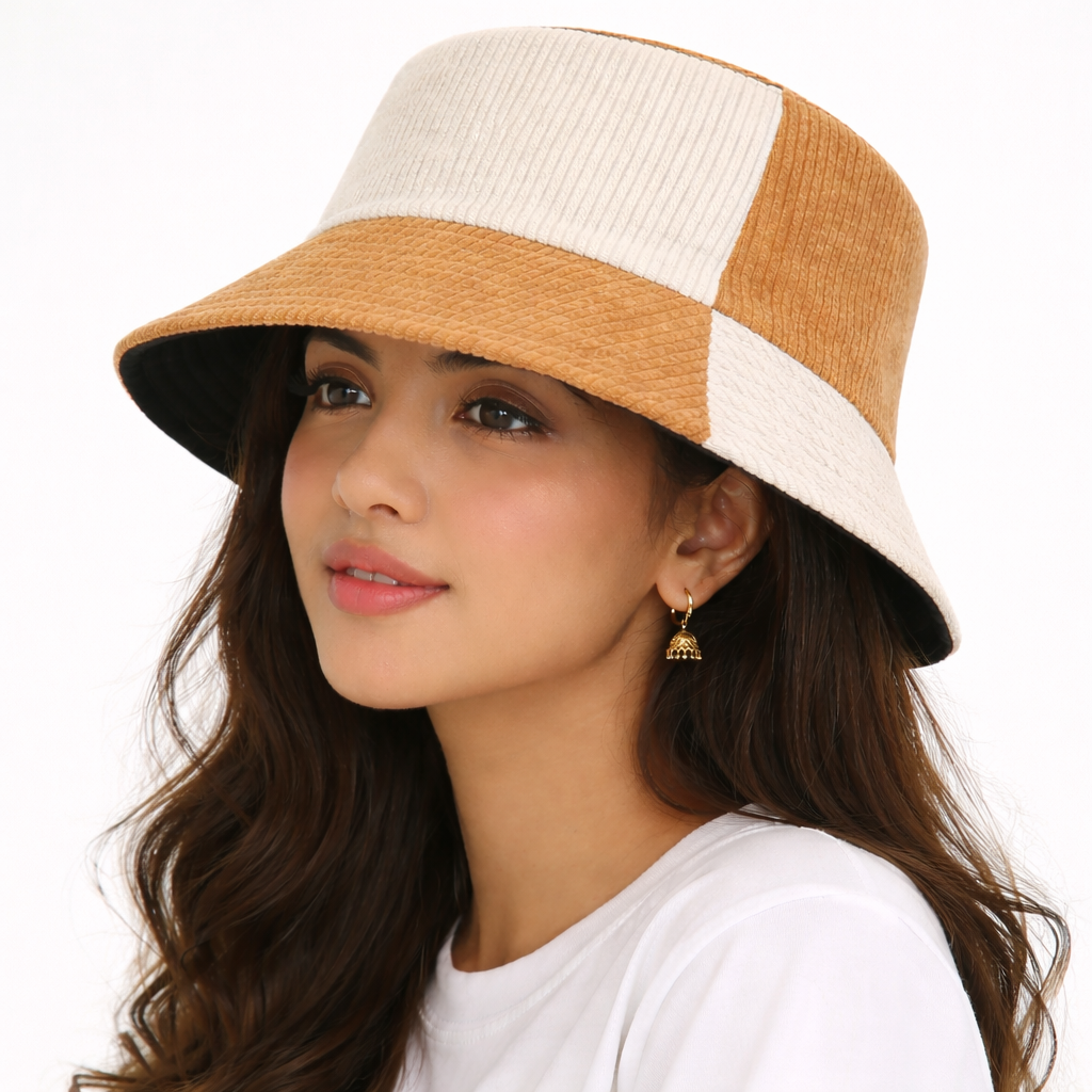 Earthtone Patchwork Corduroy Bucket Hat - Brown - White