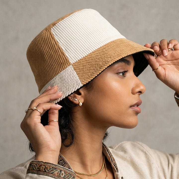 Earthtone Patchwork Corduroy Bucket Hat - Brown - White