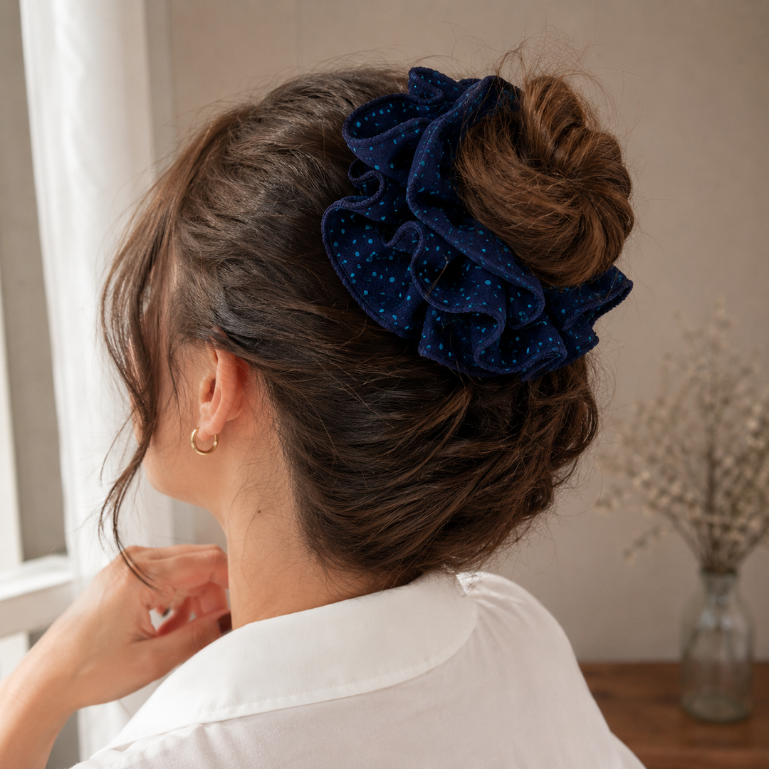Navy Dot Scrunchie