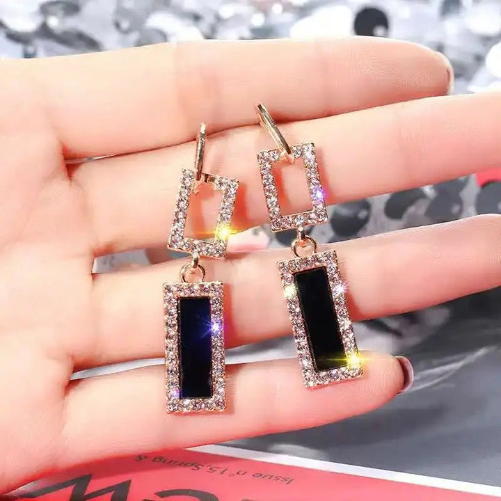 Double rectangle crystal border black golden earrings