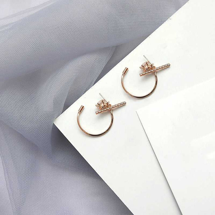 Half Cut Zircon Studded Line Hoop Stud Earrings - Salty Accessories
