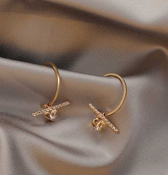 Half Cut Zircon Studded Line Hoop Stud Earrings - Salty Accessories