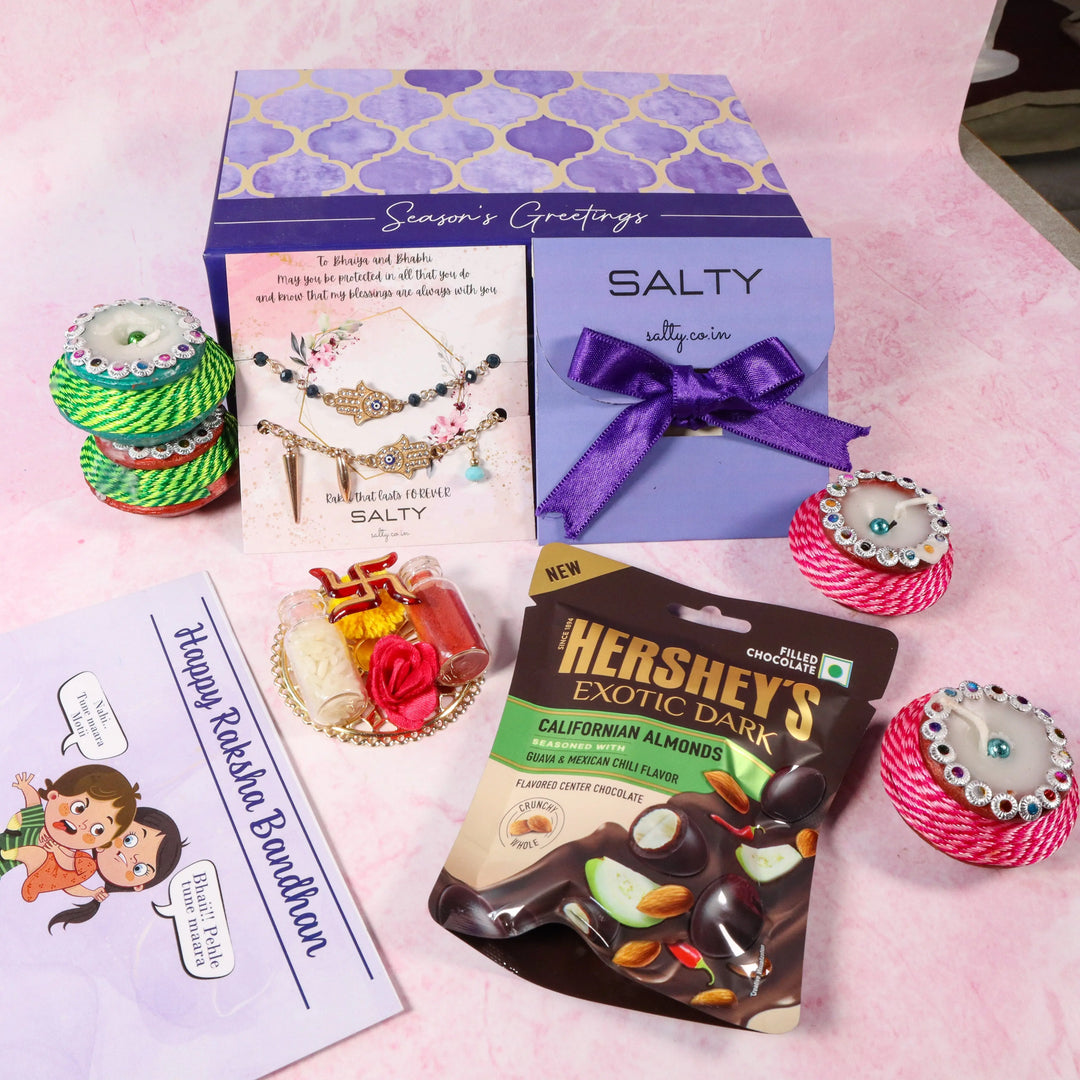 Hamsa Evil Eye Rakhi Gift Box For Bhaiya And Bhabhi - Salty Accessories
