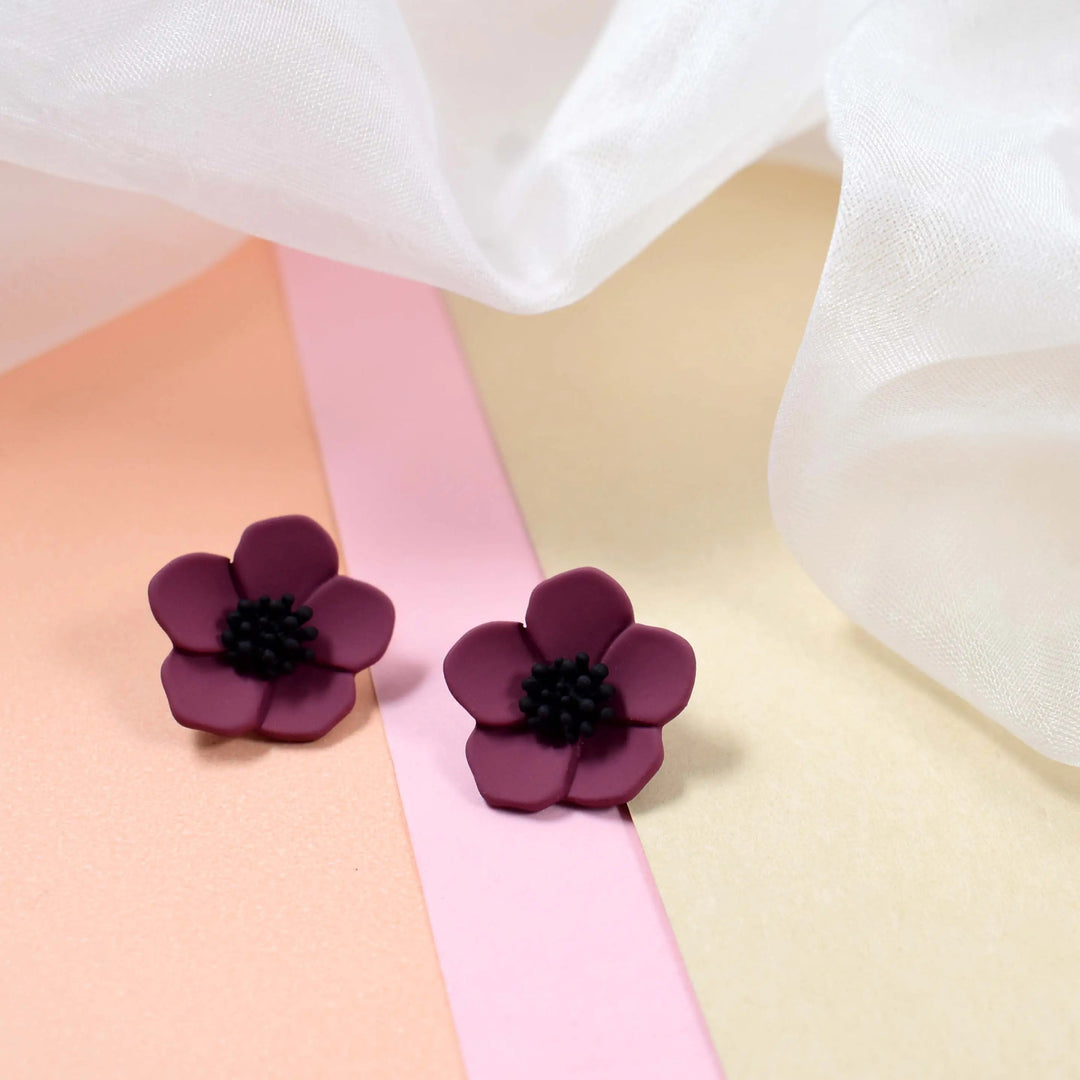 Hawaiian Style Wine Red Flower Minimalist Stud Earrings - Salty Accessories
