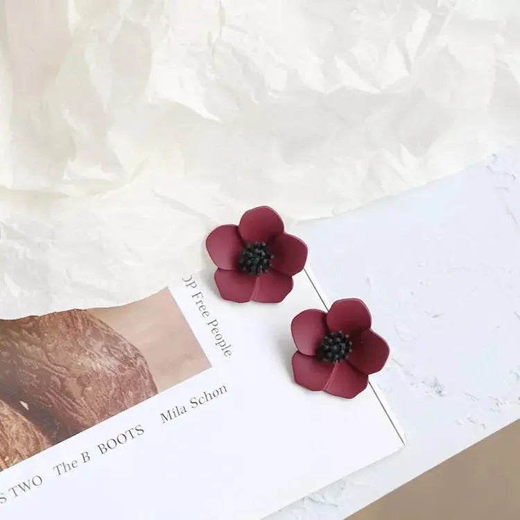 Hawaiian Style Wine Red Flower Minimalist Stud Earrings | Salty