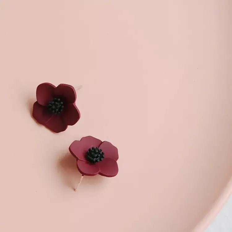 Hawaiian Style Wine Red Flower Minimalist Stud Earrings - Salty Accessories