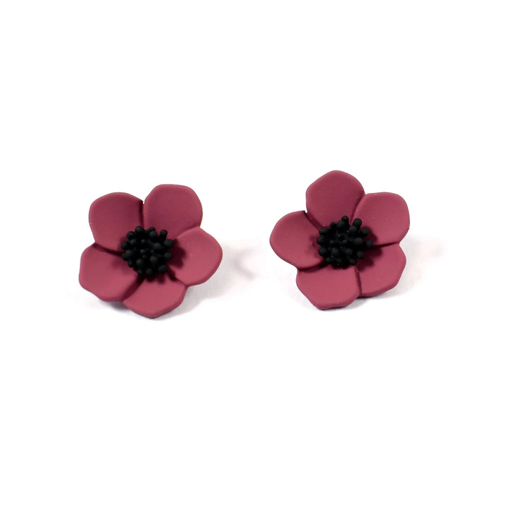 Hawaiian Style Wine Red Flower Minimalist Stud Earrings - Salty Accessories