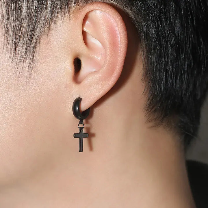 Non-pierced Cross Black Earrings