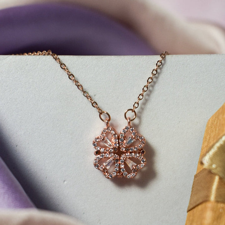 Hyacinth 4-pcs Zircon Heart Magnetic Clover Necklace - Rose Gold