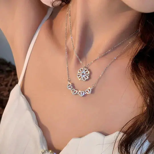 Hyacinth 4-pcs Zircon Heart Magnetic Clover Necklace - Silver - Salty Accessories