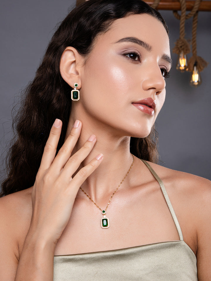 Kiara Advani Green Emerald Necklace and Earrings Set - 18K Gold Plated