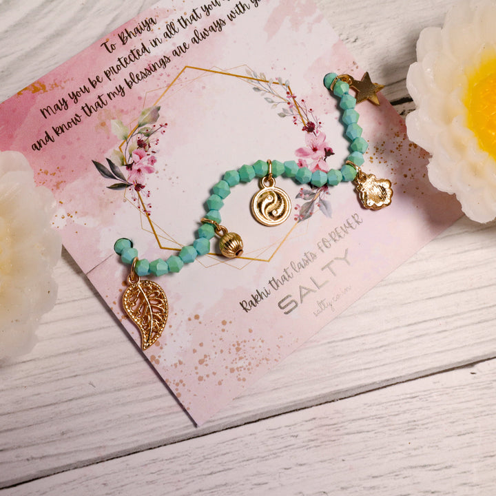Sea Green Beaded Charms Rakhi Gift Box