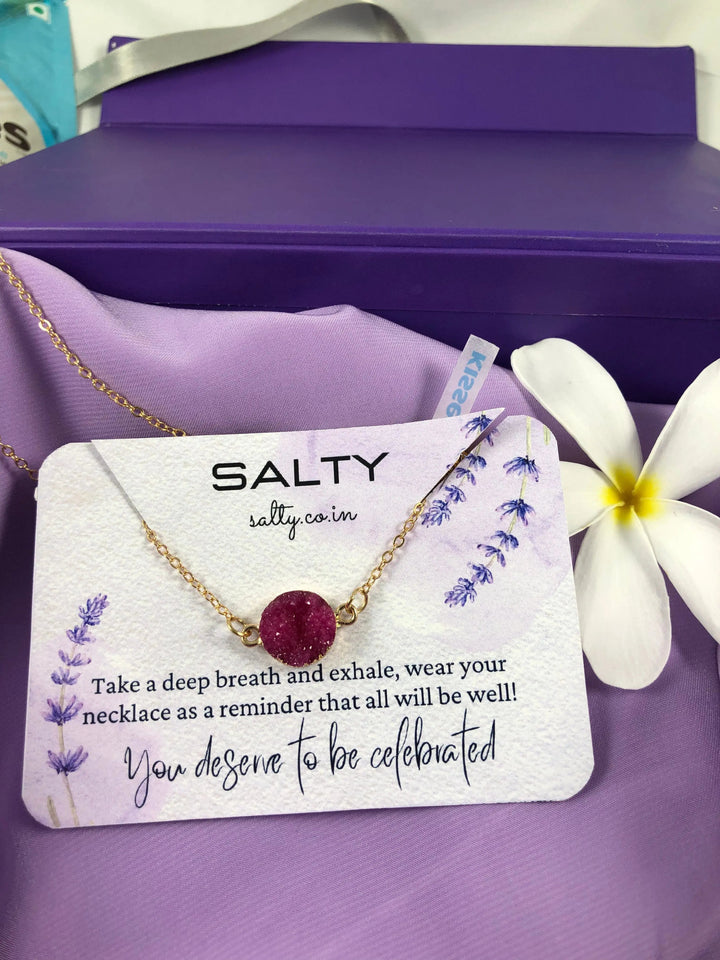 Fuchsia Druzy Crystal Round Charm Necklace - Gold - Salty Accessories