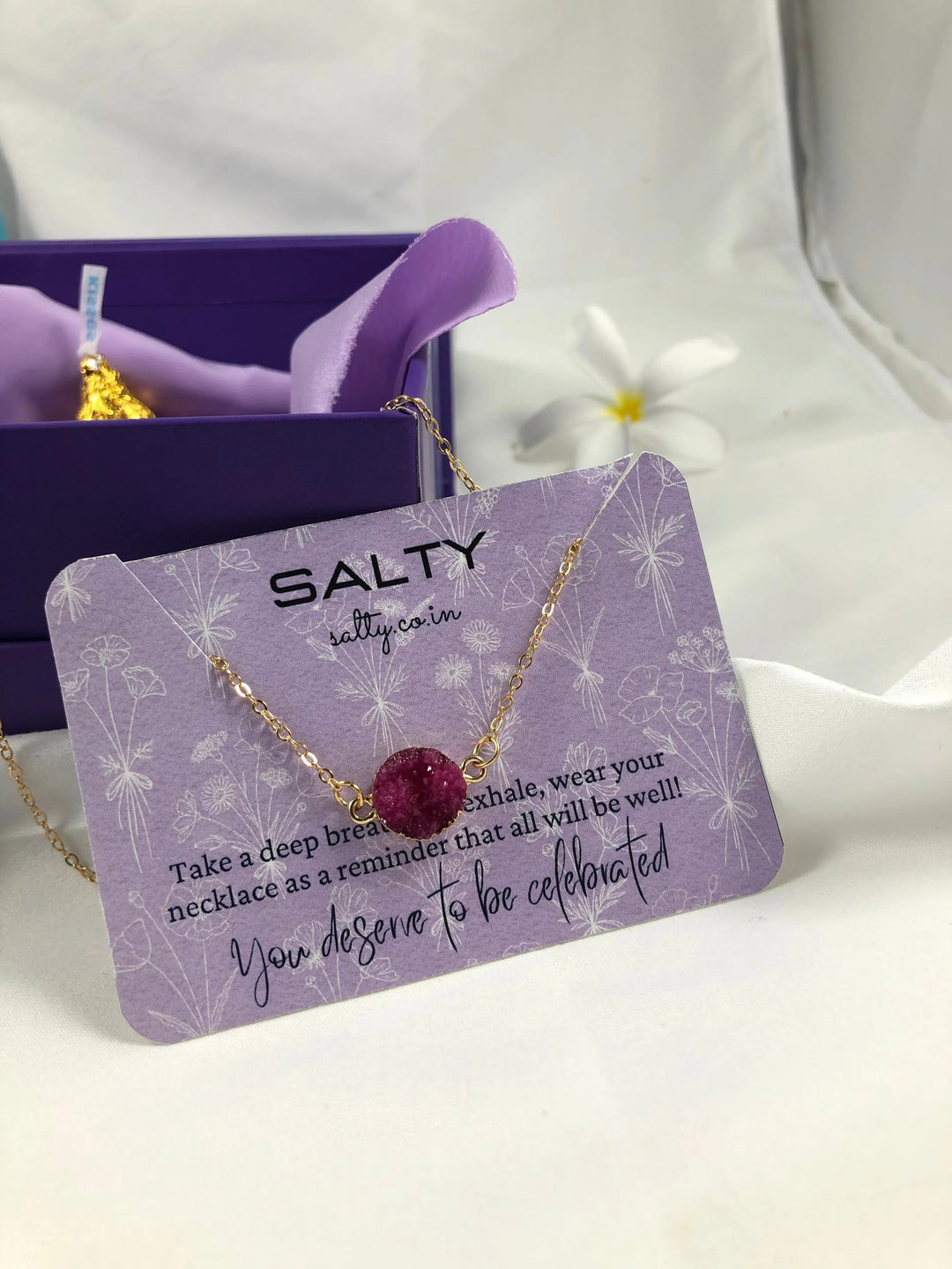 Fuchsia Druzy Crystal Round Charm Necklace - Gold - Salty Accessories