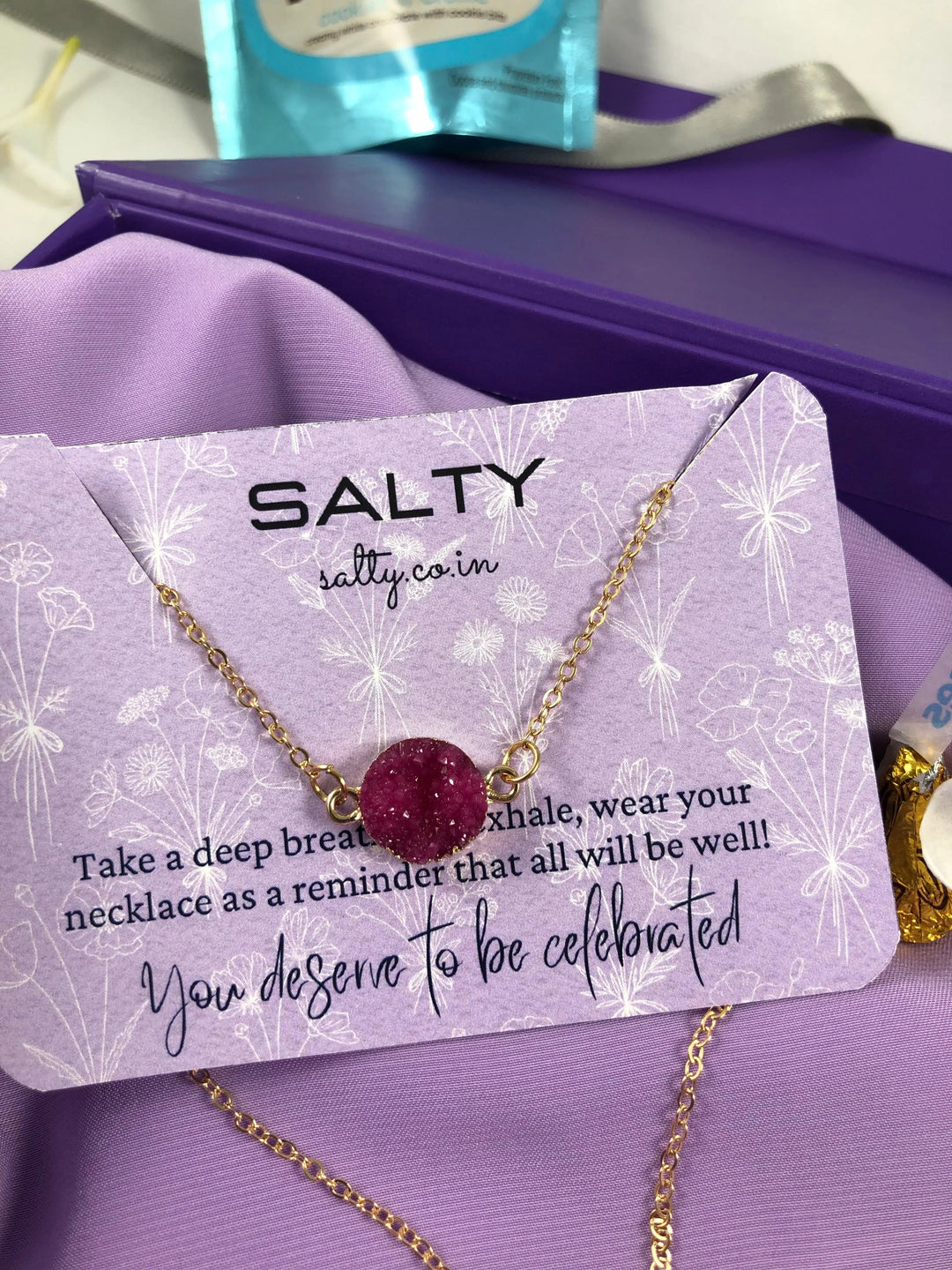 Fuchsia Druzy Crystal Round Charm Necklace - Gold - Salty Accessories