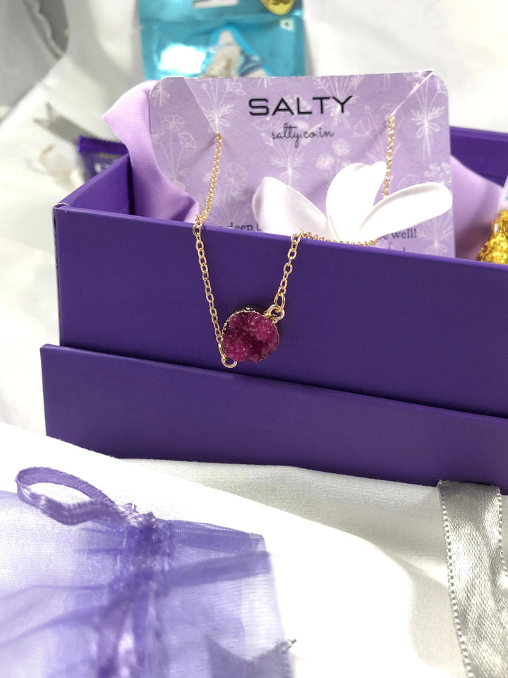 Fuchsia Druzy Crystal Round Charm Necklace - Gold - Salty Accessories
