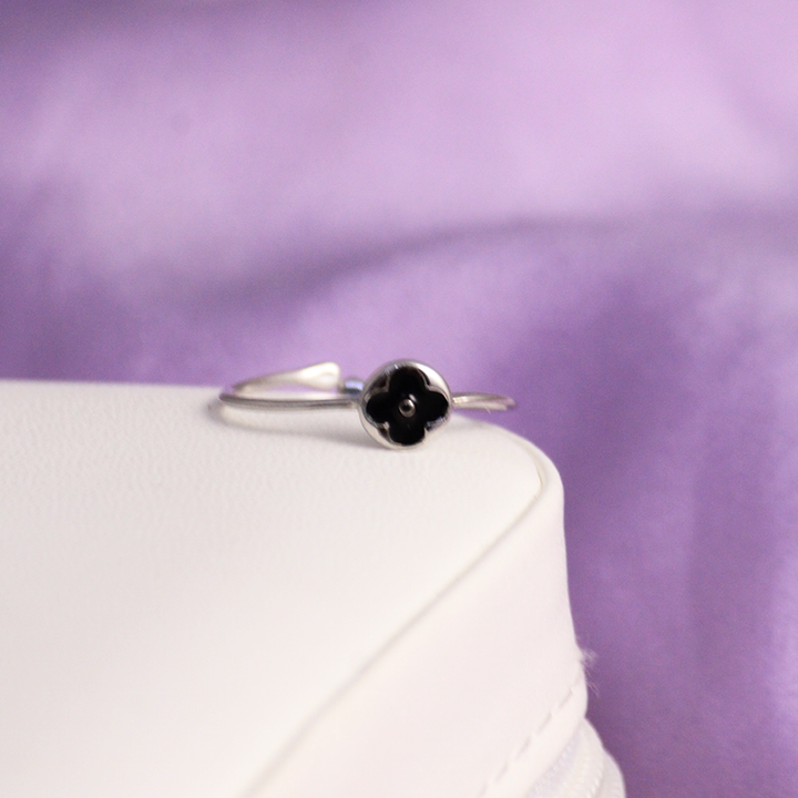 Korean Black Floral Silver Ring