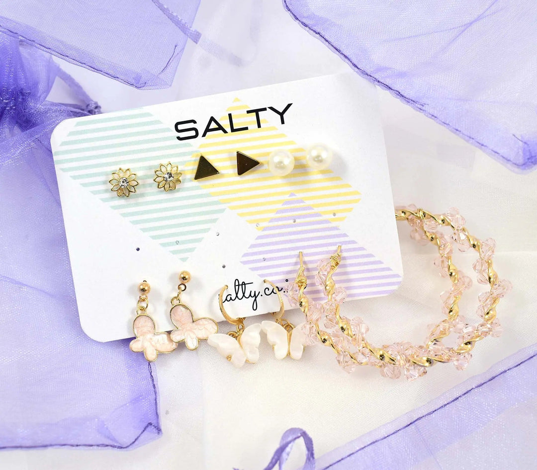 Set of 6 Pink Hoops and Butterfly Earrings and Studs - Salty Accessories