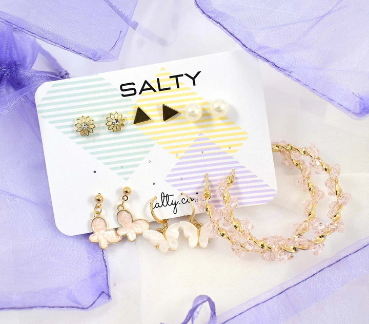 Set of 6 Pink Hoops and Butterfly Earrings and Studs - Salty Accessories