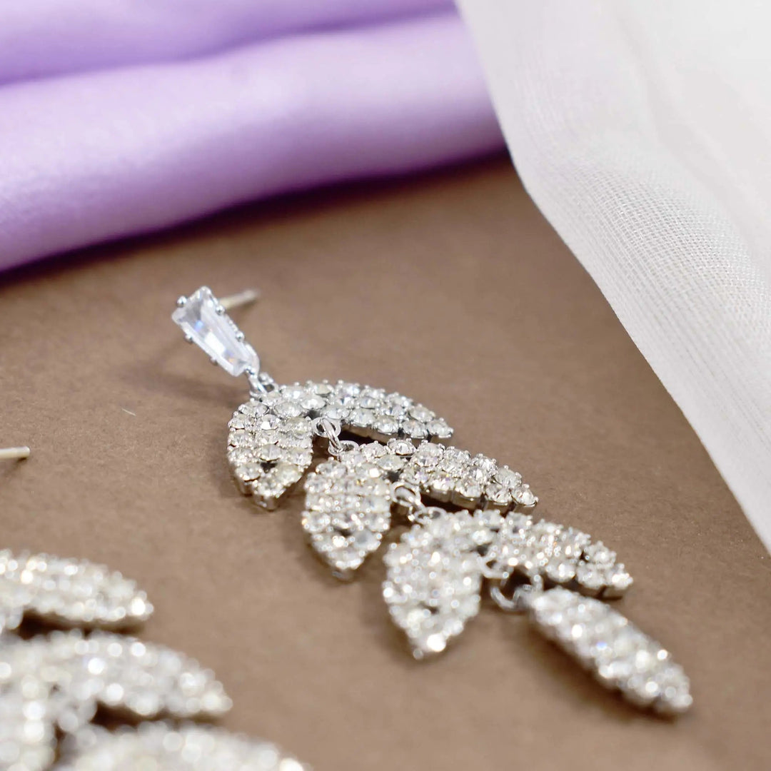 Layered Luxury Diamond Drop Leaf Earrings - Silver