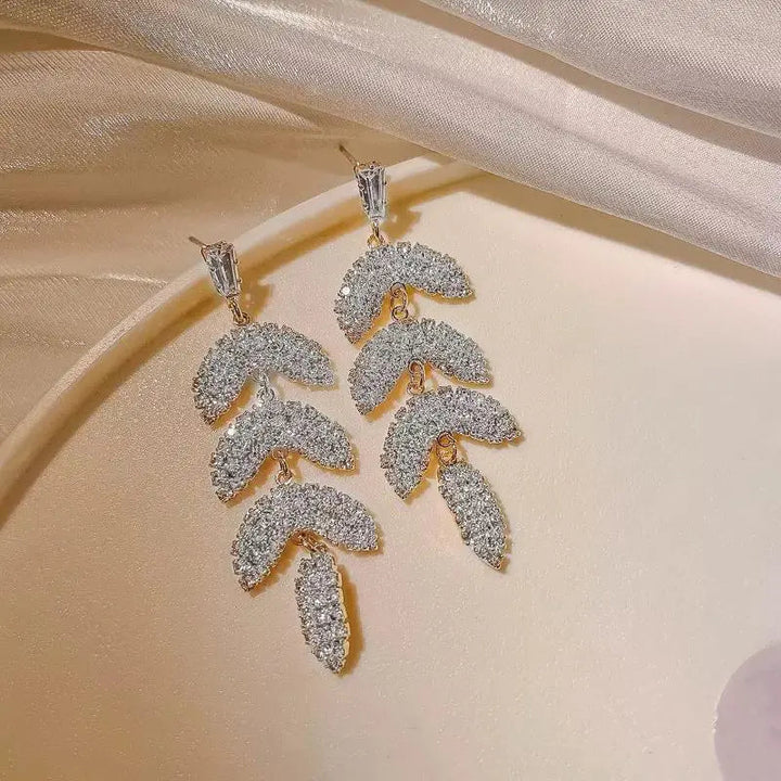 Layered Luxury Diamond Drop Leaf Earrings - Silver